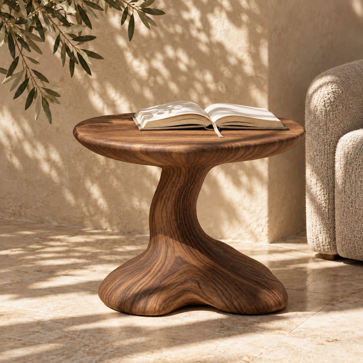 Mushroom End Table, Sculptural Pedestal Solid Wood Side Table for Living Room and Reading Nook