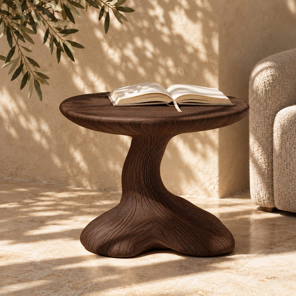 Mushroom End Table, Sculptural Pedestal Solid Wood Side Table for Living Room and Reading Nook