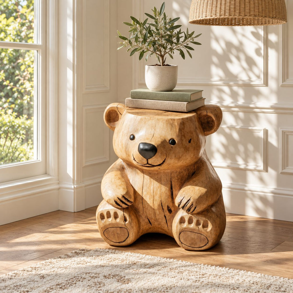 Carved Bear End Table, Seated Bear Solid Log Side Table for Kids Room, Cabin or Living Room