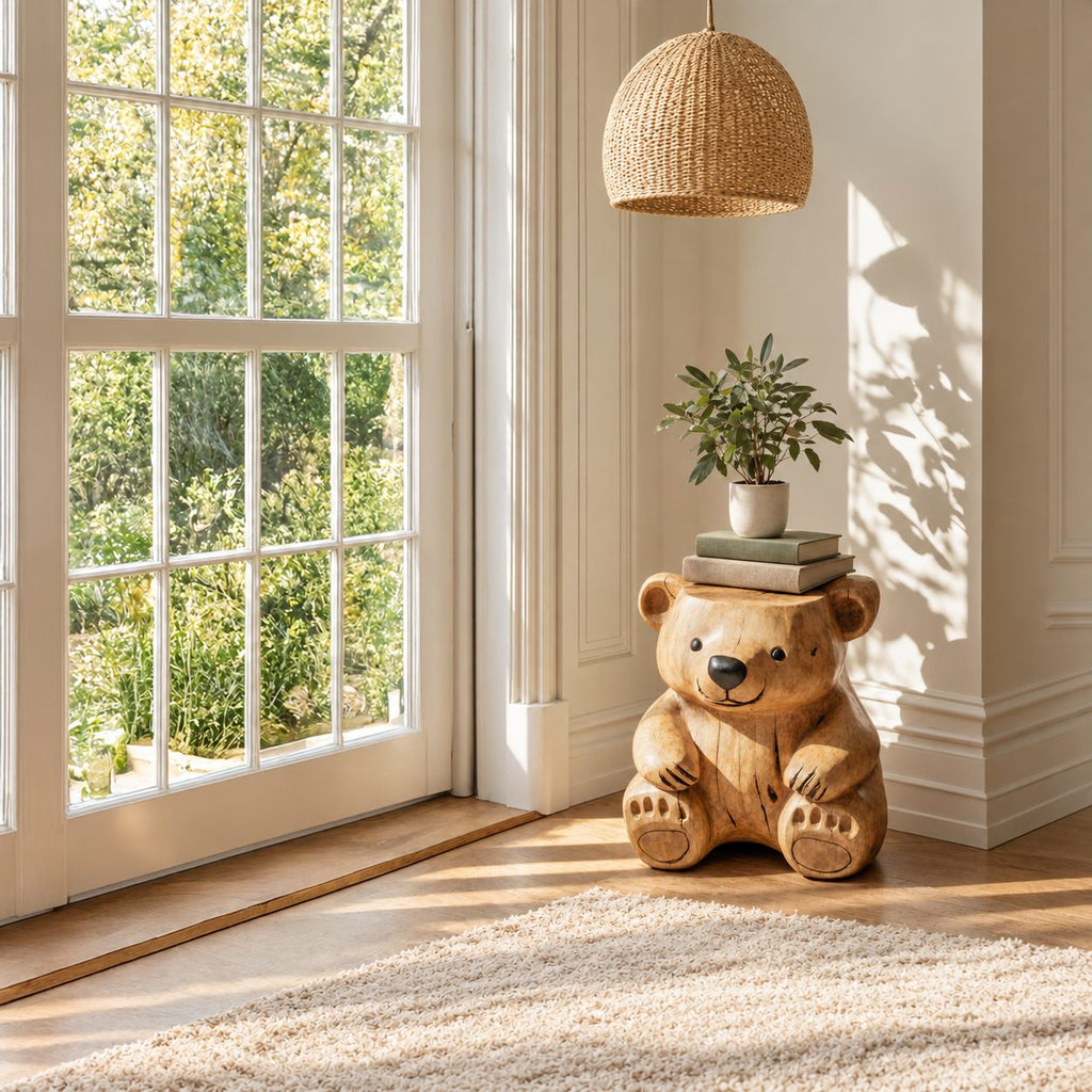Carved Bear End Table, Seated Bear Solid Log Side Table for Kids Room, Cabin or Living Room