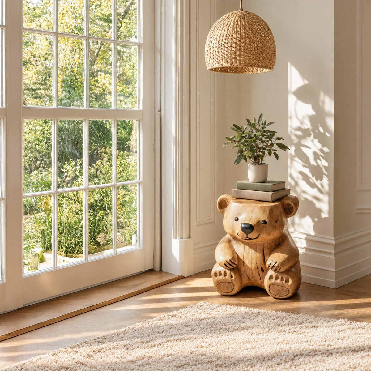 Carved Bear End Table, Seated Bear Solid Log Side Table for Kids Room, Cabin or Living Room