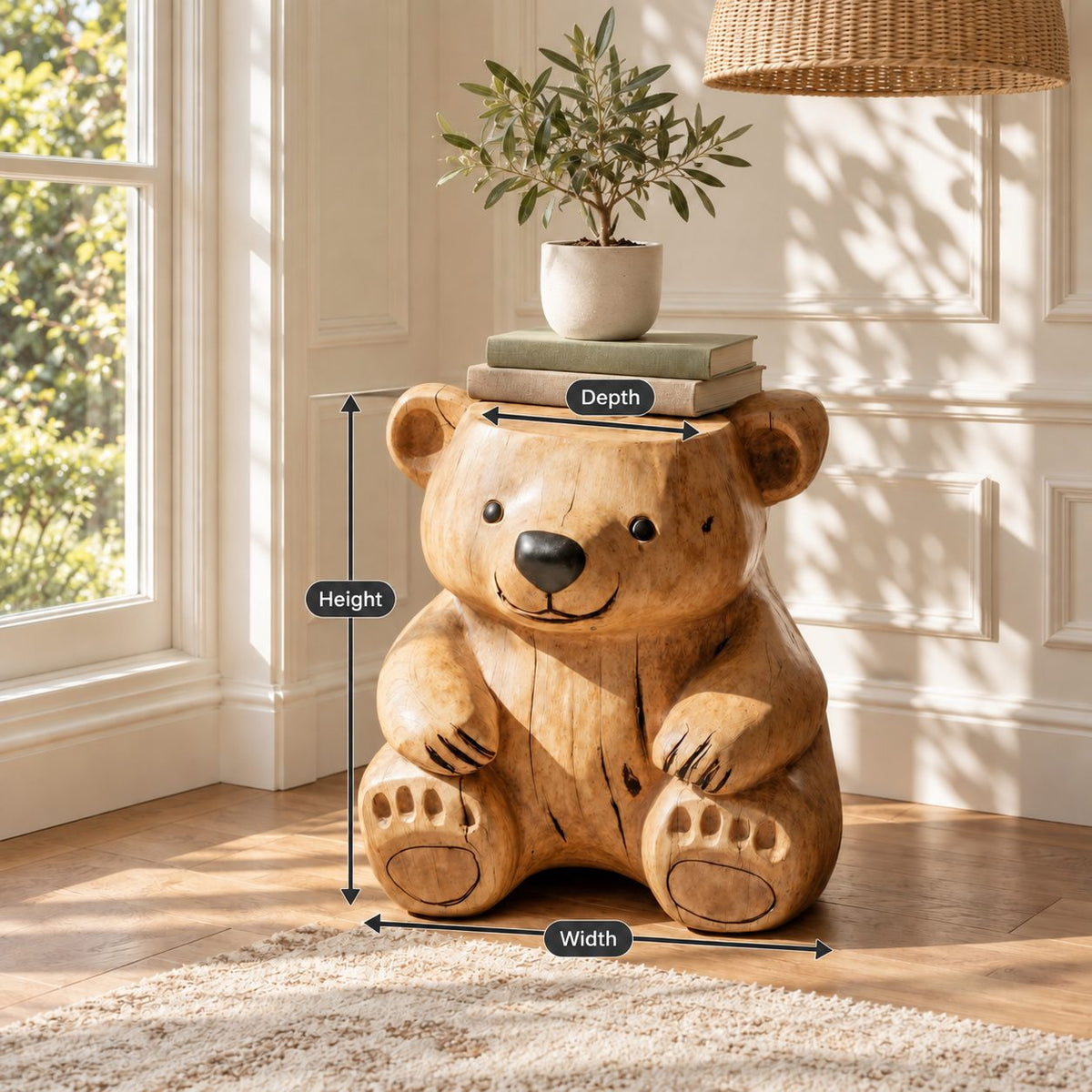 Carved Bear End Table, Seated Bear Solid Log Side Table for Kids Room, Cabin or Living Room