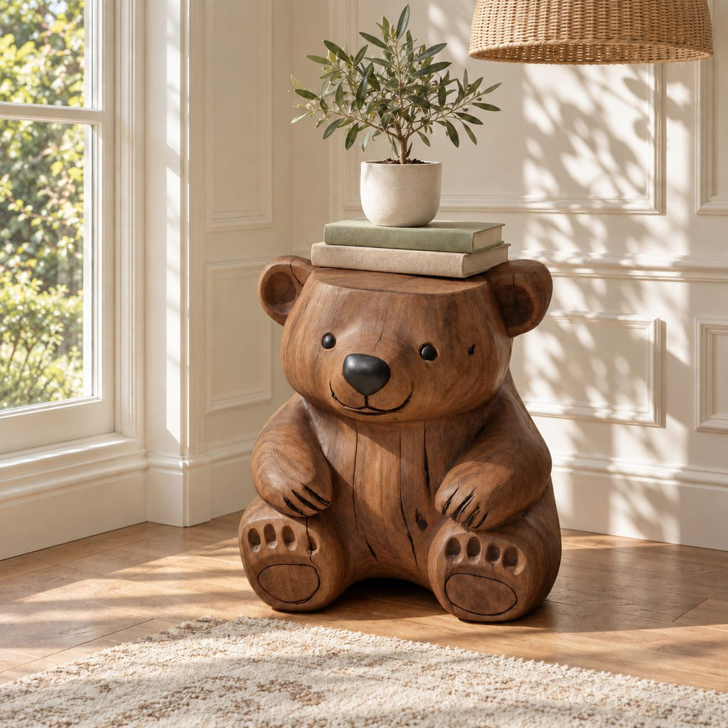Carved Bear End Table, Seated Bear Solid Log Side Table for Kids Room, Cabin or Living Room