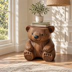 Carved Bear End Table, Seated Bear Solid Log Side Table for Kids Room, Cabin or Living Room