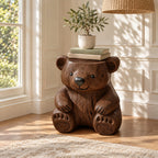 Carved Bear End Table, Seated Bear Solid Log Side Table for Kids Room, Cabin or Living Room