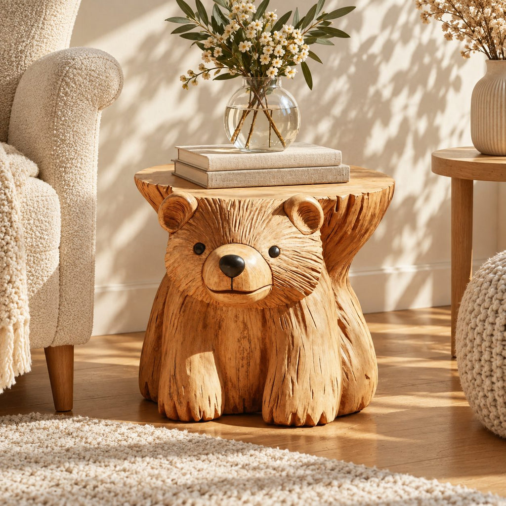 Bear Stump Side Table, Hand Carved Solid Wood End Table with Round Top for Cabin or Kids Room