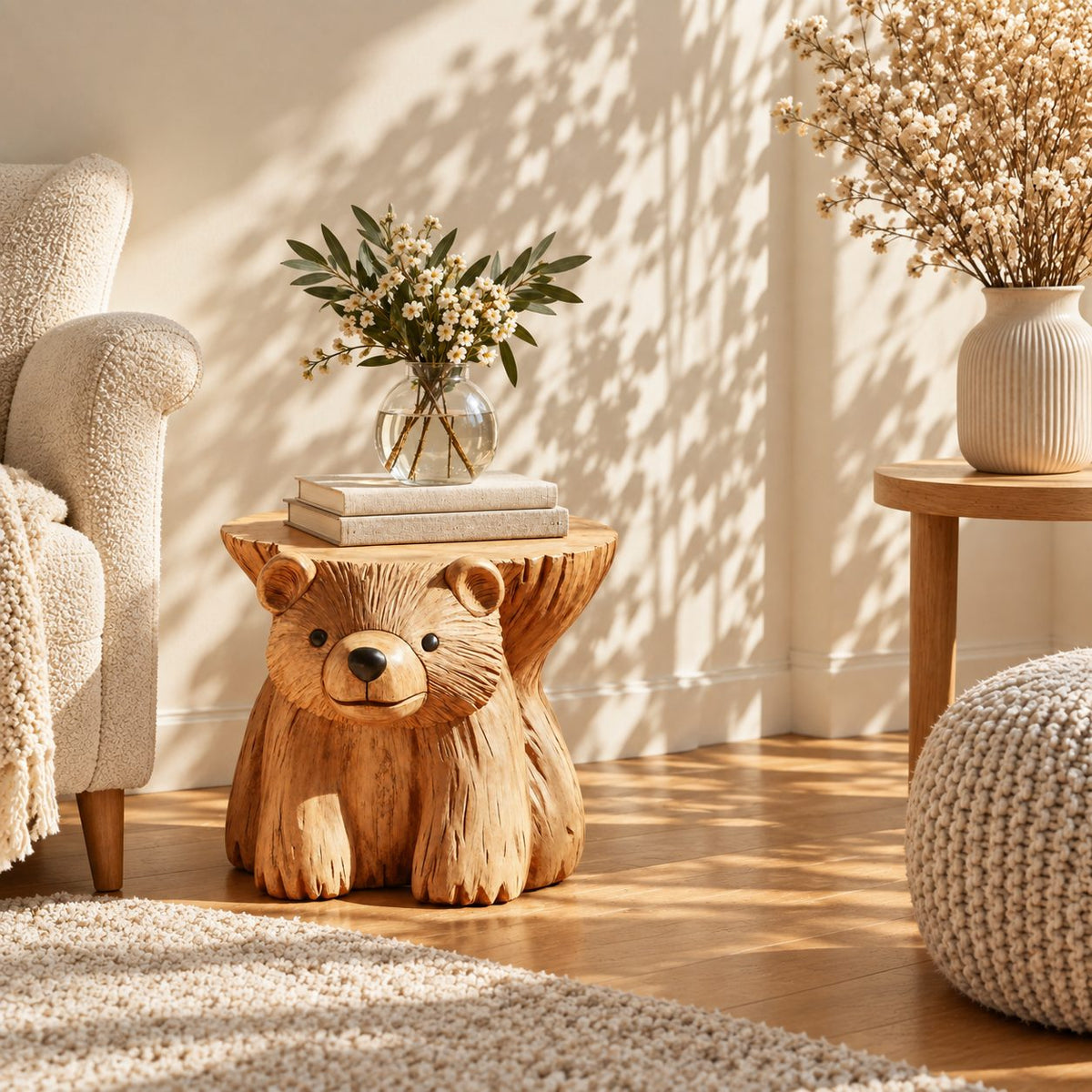 Bear Stump Side Table, Hand Carved Solid Wood End Table with Round Top for Cabin or Kids Room