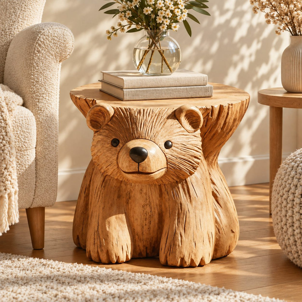 Bear Stump Side Table, Hand Carved Solid Wood End Table with Round Top for Cabin or Kids Room