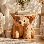 Bear Stump Side Table, Hand Carved Solid Wood End Table with Round Top for Cabin or Kids Room