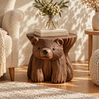 Bear Stump Side Table, Hand Carved Solid Wood End Table with Round Top for Cabin or Kids Room