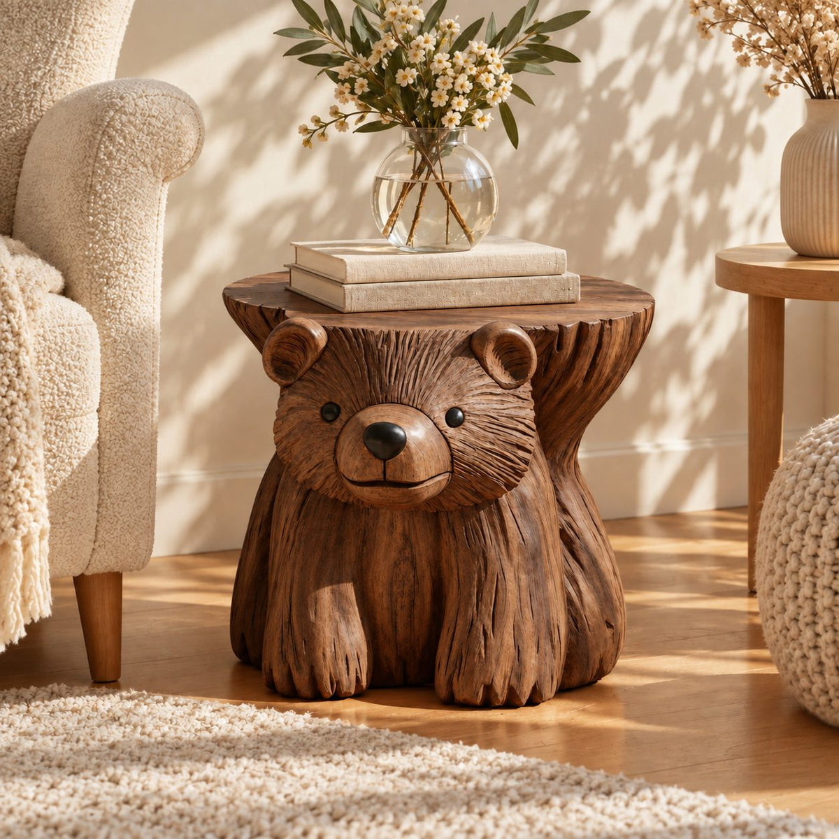 Bear Stump Side Table, Hand Carved Solid Wood End Table with Round Top for Cabin or Kids Room