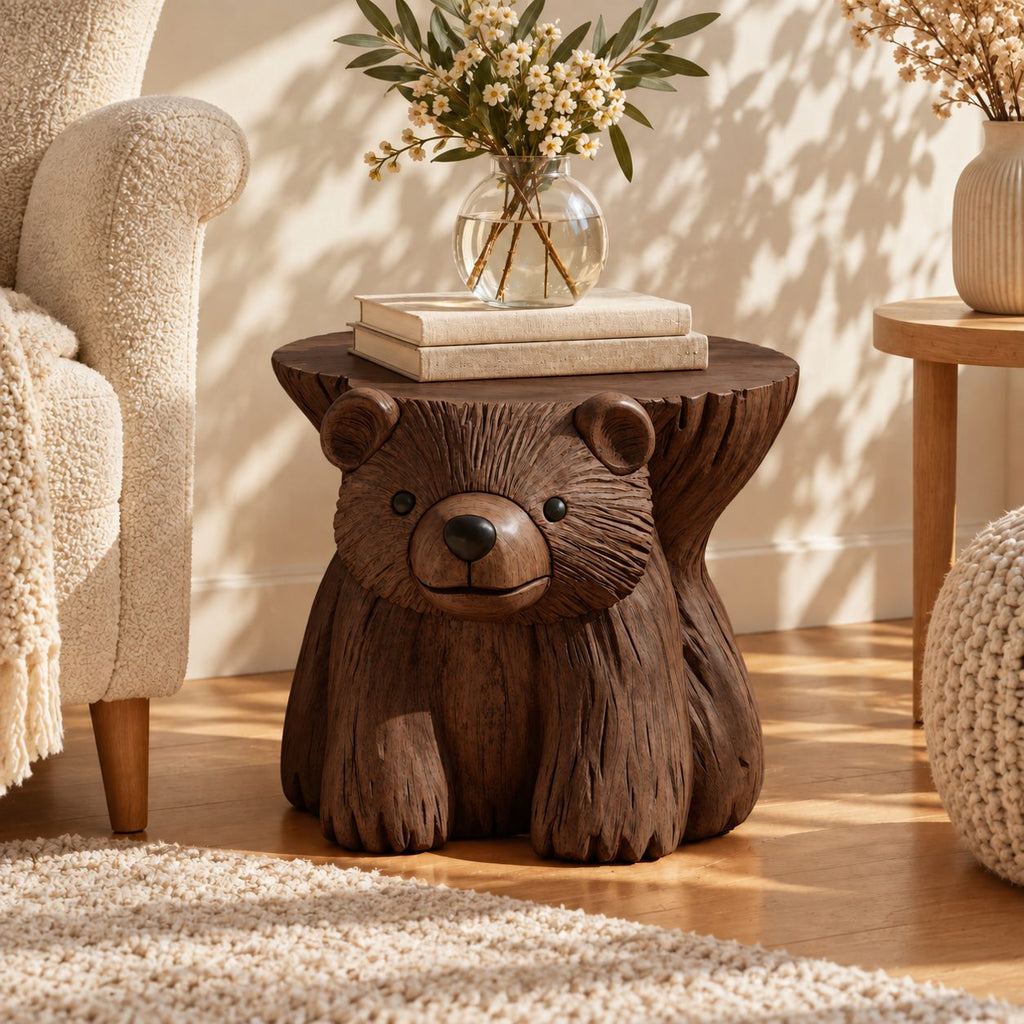 Bear Stump Side Table, Hand Carved Solid Wood End Table with Round Top for Cabin or Kids Room