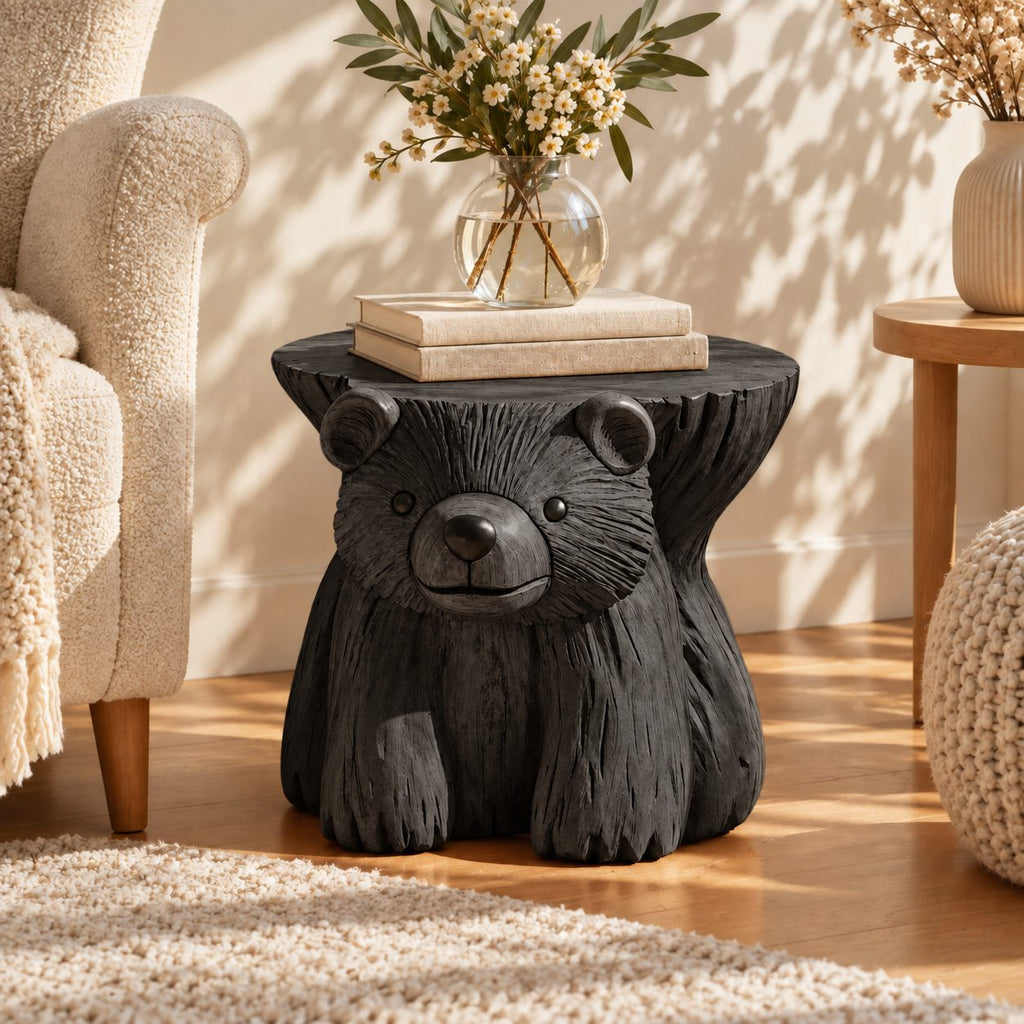 Bear Stump Side Table, Hand Carved Solid Wood End Table with Round Top for Cabin or Kids Room