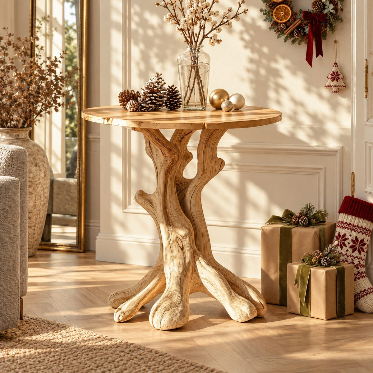 Round Tree Trunk End Table, Forked Branch Base Solid Wood Side Table for Entryway or Hall