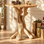 Round Tree Trunk End Table, Forked Branch Base Solid Wood Side Table for Entryway or Hall