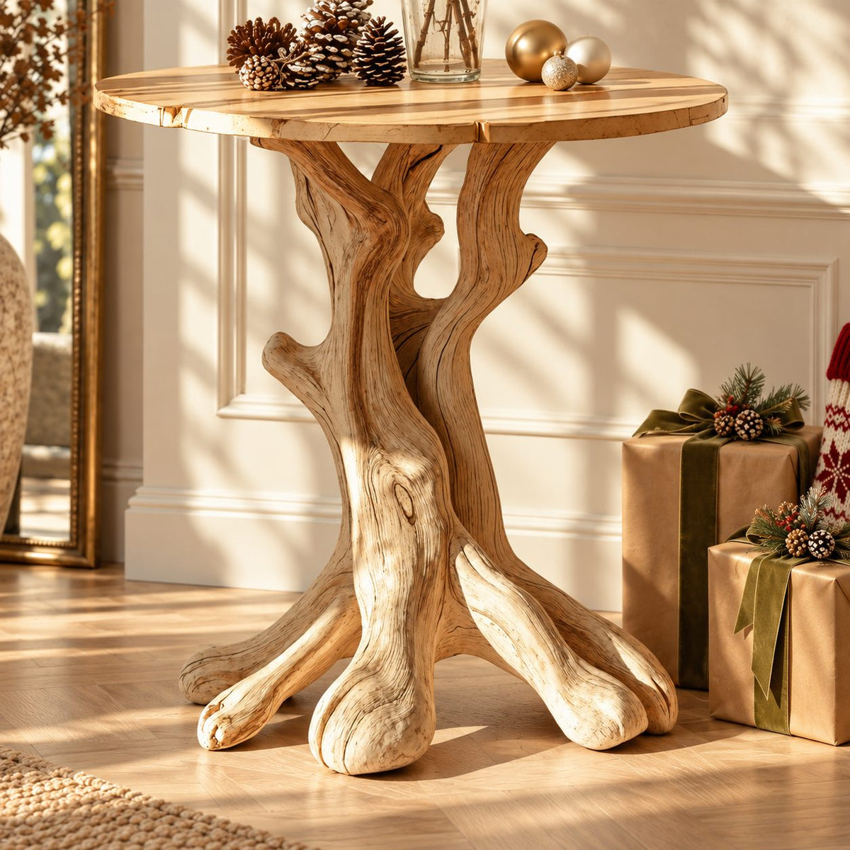 Round Tree Trunk End Table, Forked Branch Base Solid Wood Side Table for Entryway or Hall
