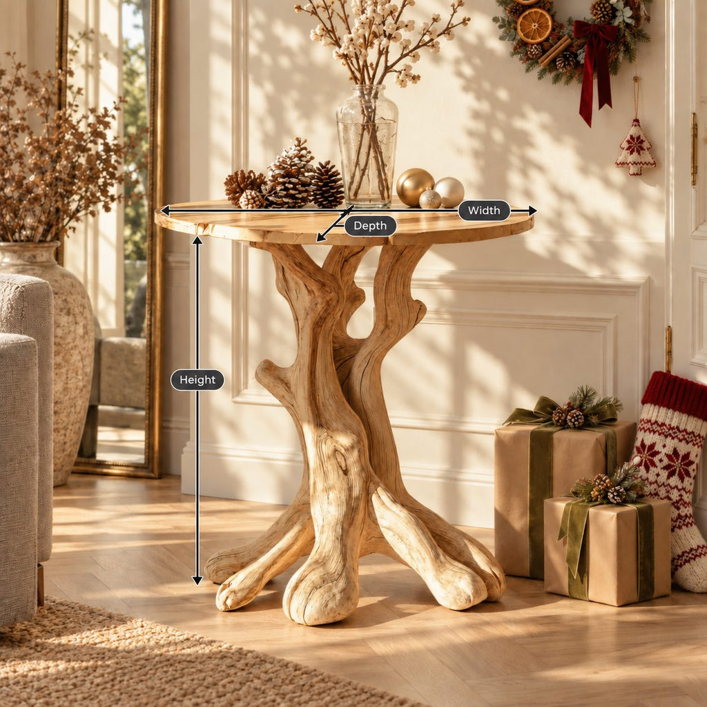 Round Tree Trunk End Table, Forked Branch Base Solid Wood Side Table for Entryway or Hall