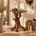 Round Tree Trunk End Table, Forked Branch Base Solid Wood Side Table for Entryway or Hall