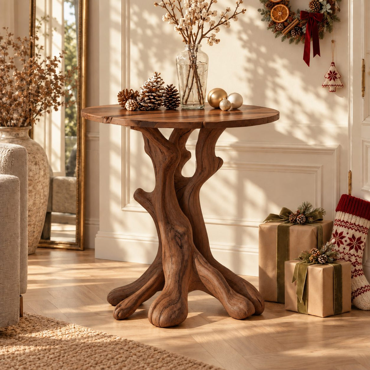 Round Tree Trunk End Table, Forked Branch Base Solid Wood Side Table for Entryway or Hall