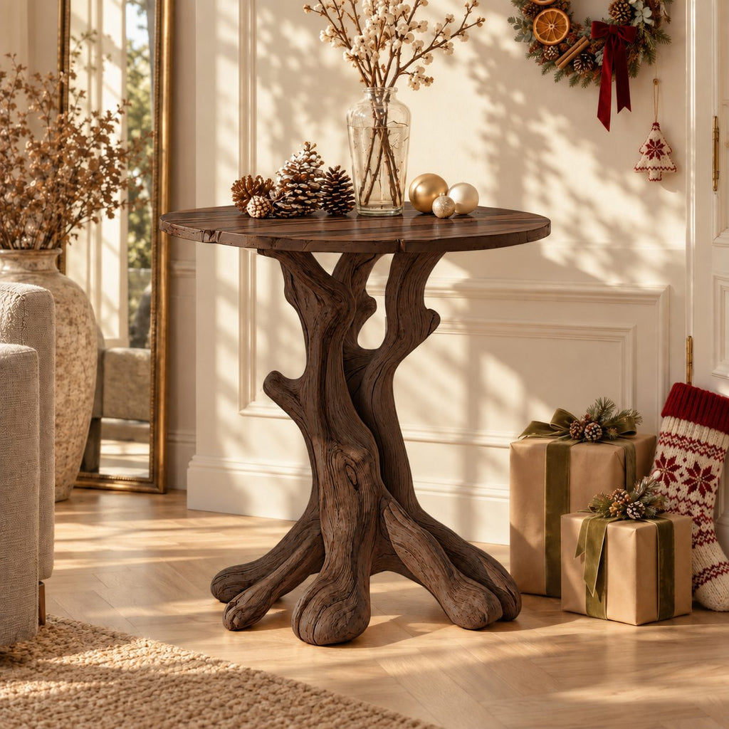 Round Tree Trunk End Table, Forked Branch Base Solid Wood Side Table for Entryway or Hall