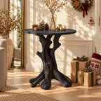 Round Tree Trunk End Table, Forked Branch Base Solid Wood Side Table for Entryway or Hall