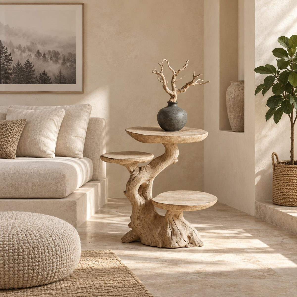 Multi Tier Driftwood End Table, Live Edge Round Tiers on Natural Trunk Solid Wood Side Table