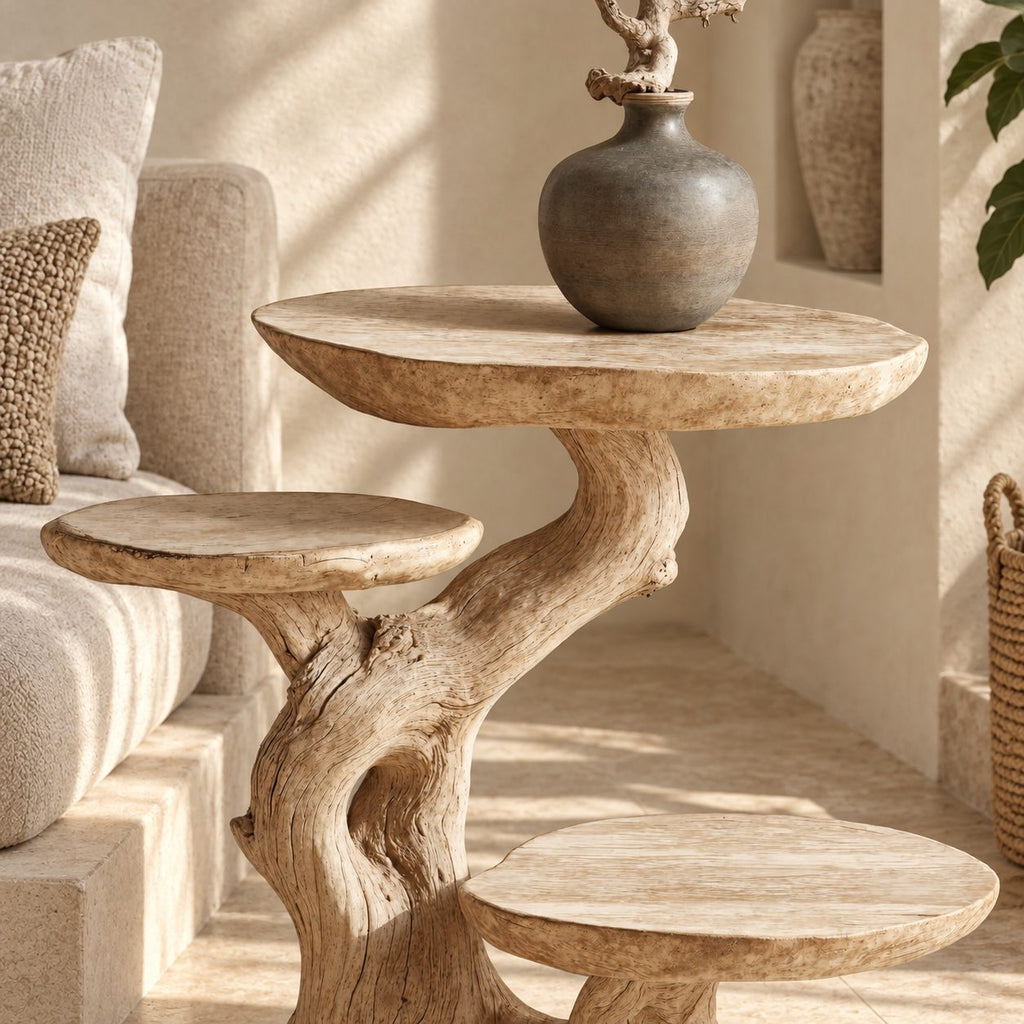 Multi Tier Driftwood End Table, Live Edge Round Tiers on Natural Trunk Solid Wood Side Table