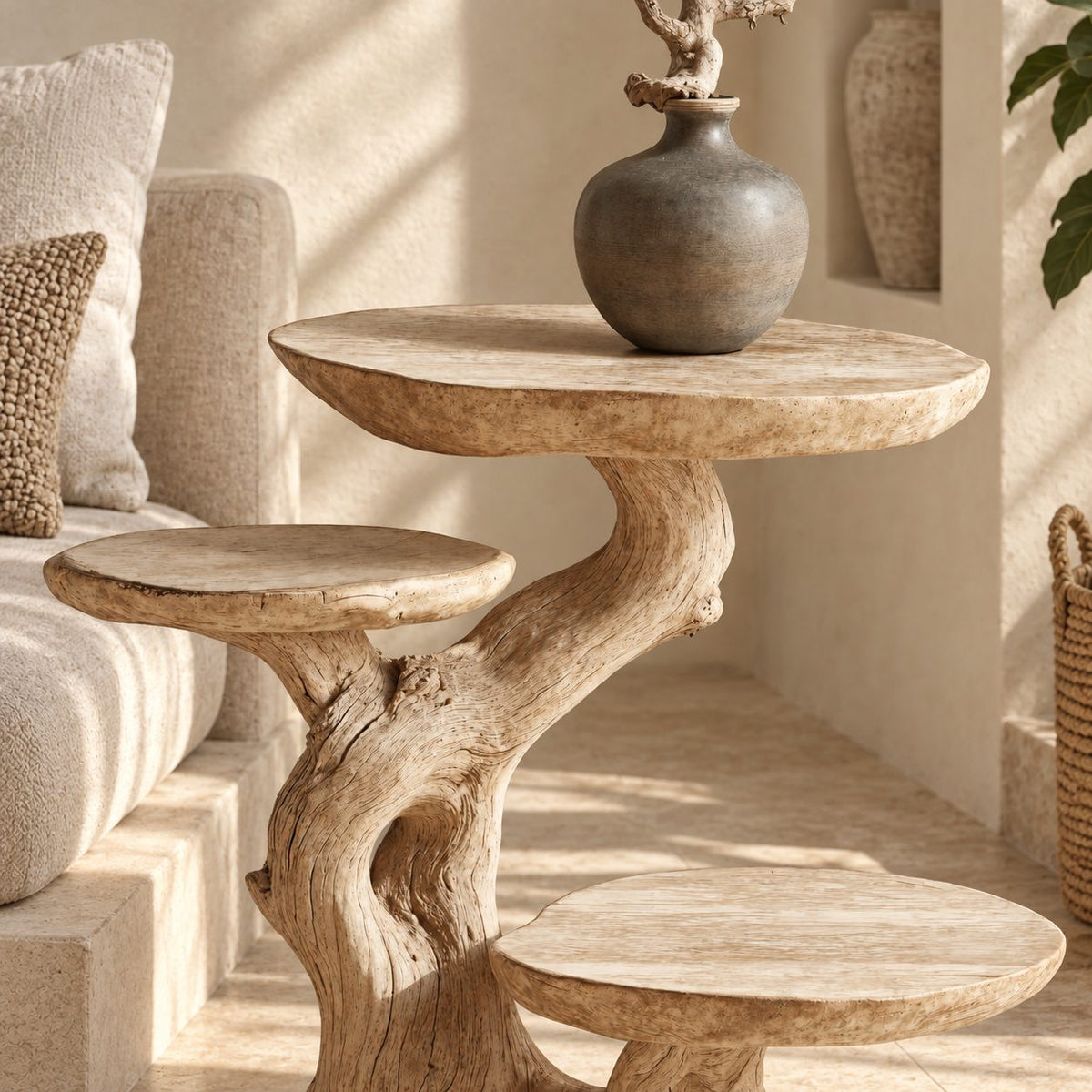 Multi Tier Driftwood End Table, Live Edge Round Tiers on Natural Trunk Solid Wood Side Table