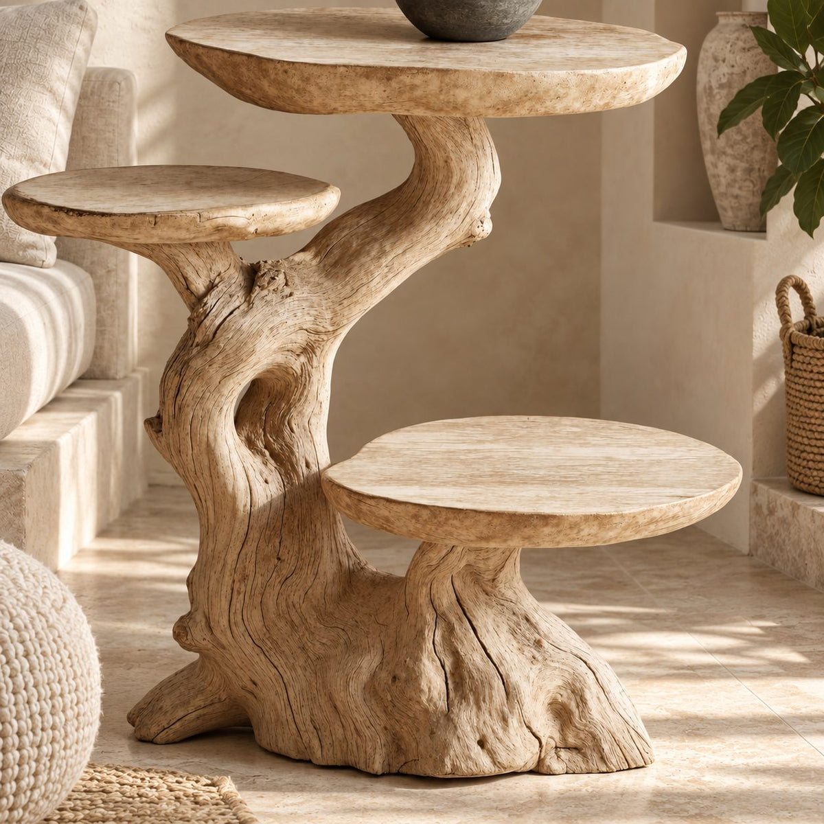 Multi Tier Driftwood End Table, Live Edge Round Tiers on Natural Trunk Solid Wood Side Table
