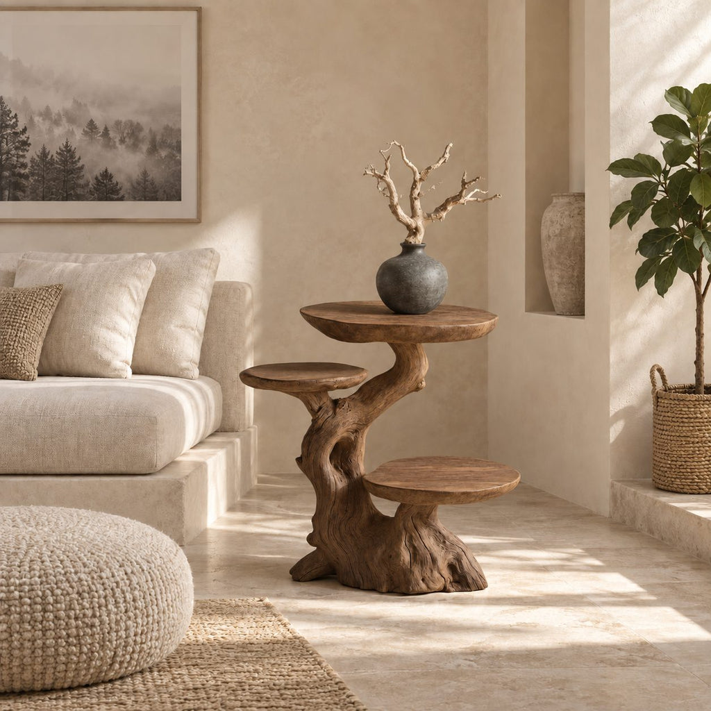 Multi Tier Driftwood End Table, Live Edge Round Tiers on Natural Trunk Solid Wood Side Table