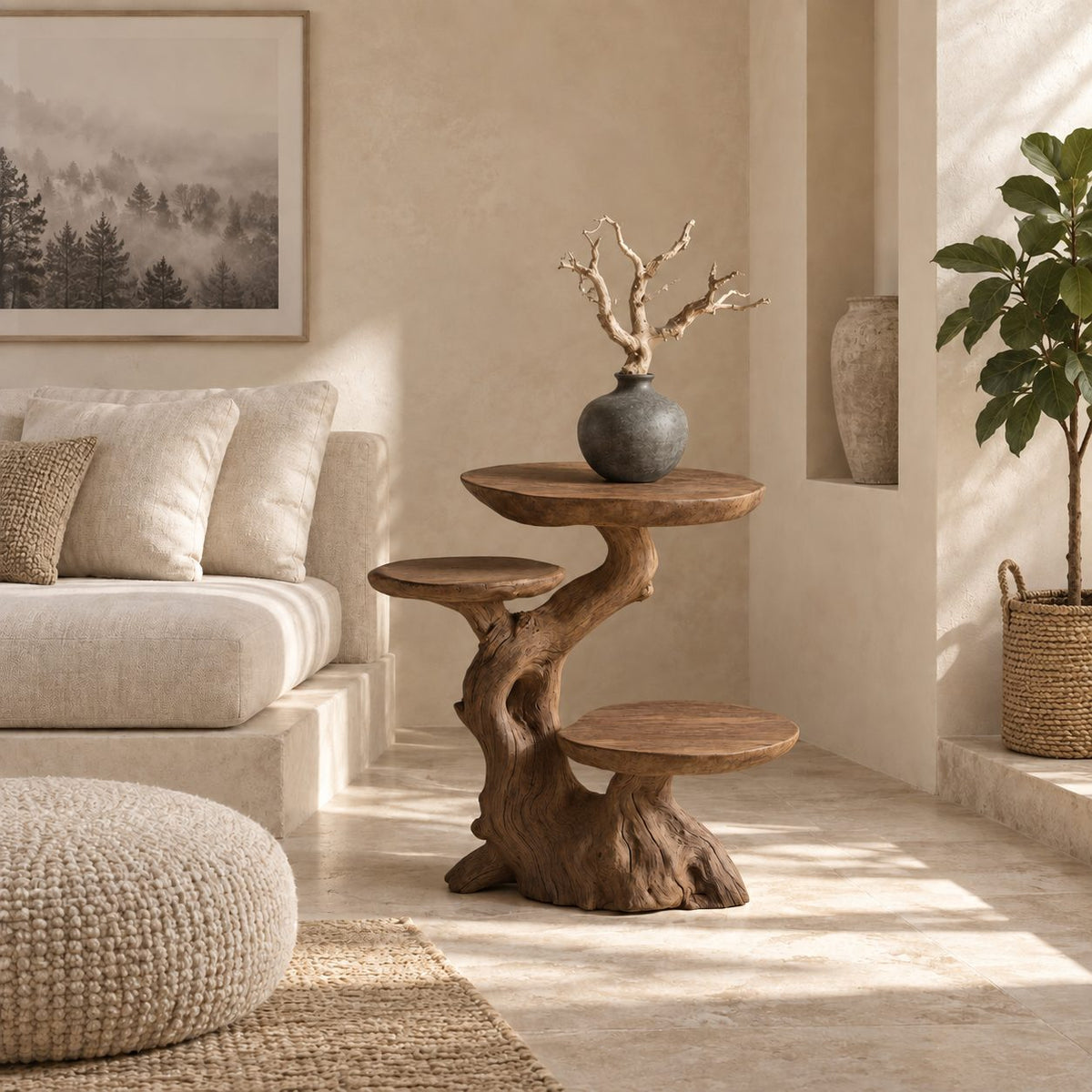 Multi Tier Driftwood End Table, Live Edge Round Tiers on Natural Trunk Solid Wood Side Table