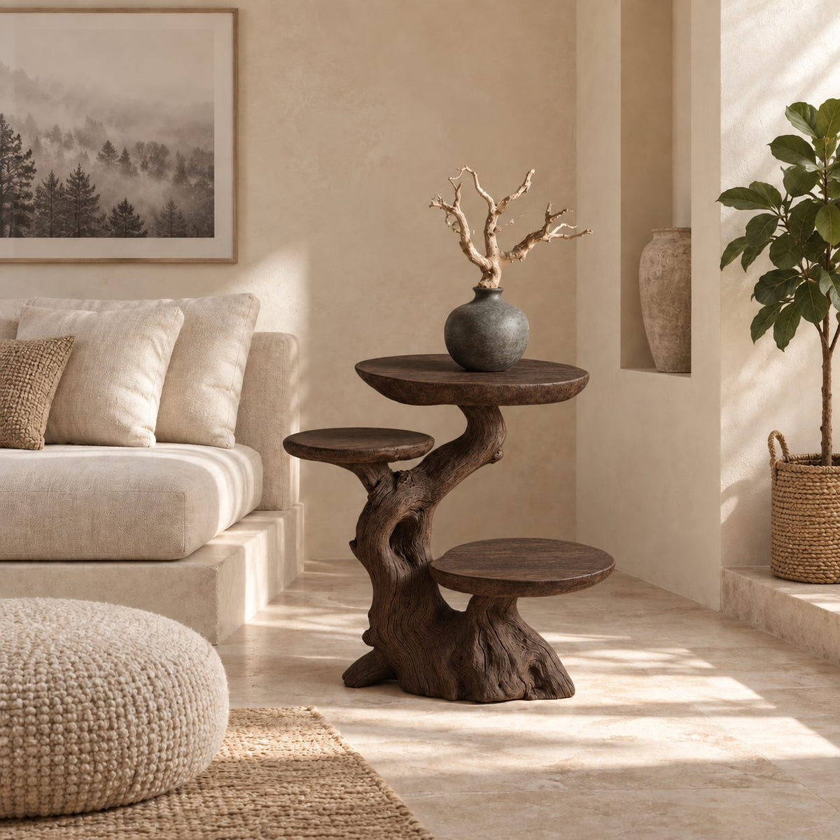 Multi Tier Driftwood End Table, Live Edge Round Tiers on Natural Trunk Solid Wood Side Table