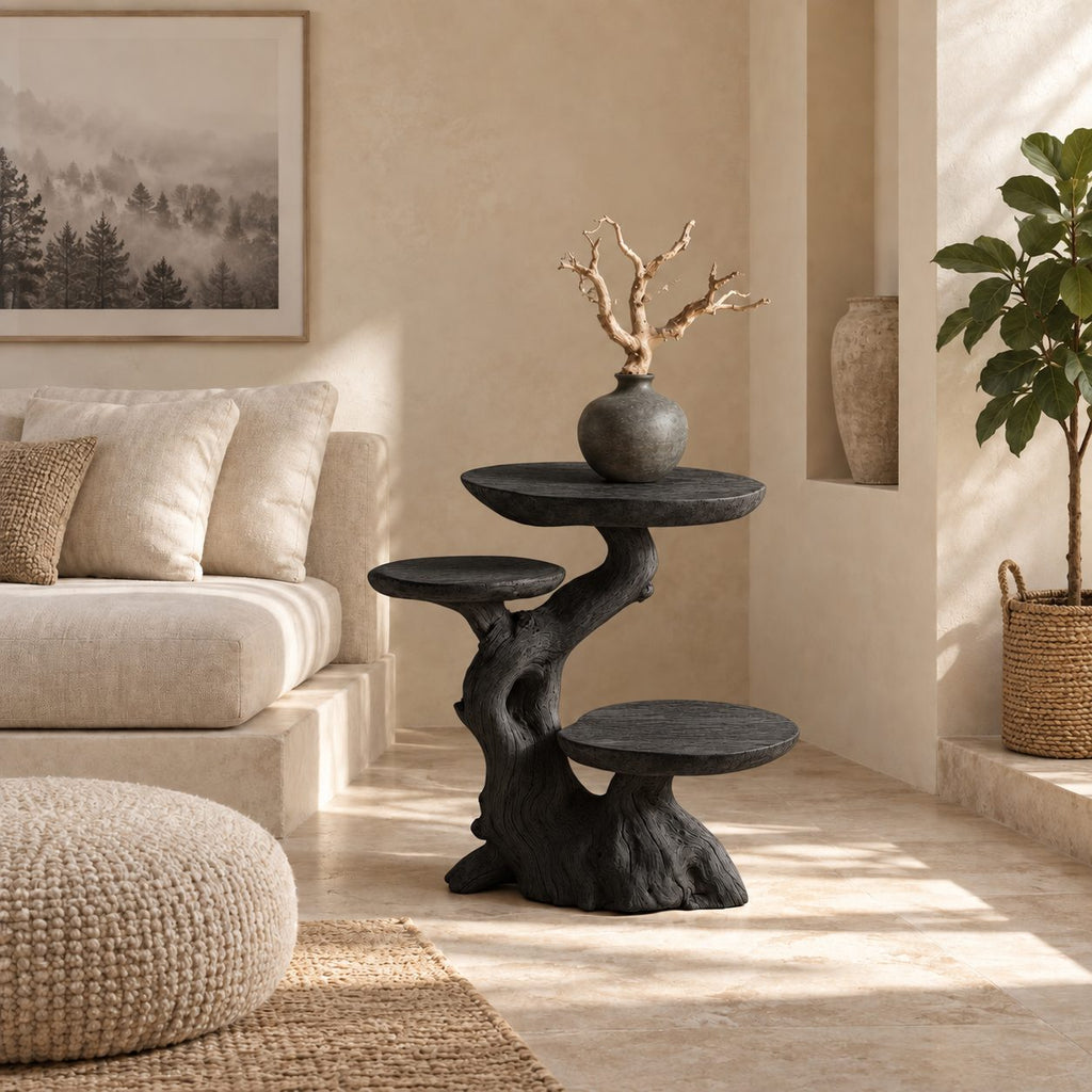 Multi Tier Driftwood End Table, Live Edge Round Tiers on Natural Trunk Solid Wood Side Table