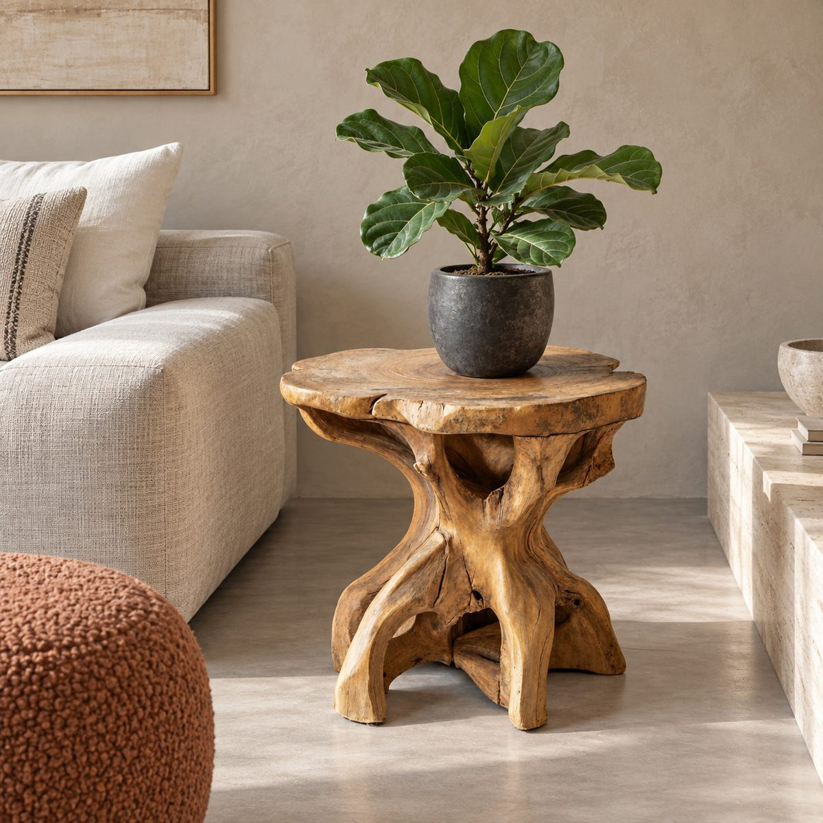 Driftwood Root End Table with Freeform Round Top, Natural Teak Root Style Solid Wood Side Table