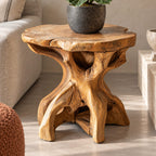 Driftwood Root End Table with Freeform Round Top, Natural Teak Root Style Solid Wood Side Table