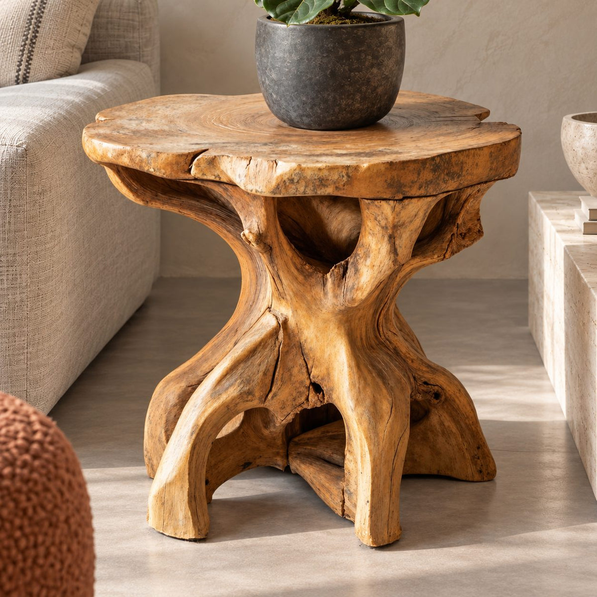 Driftwood Root End Table with Freeform Round Top, Natural Teak Root Style Solid Wood Side Table