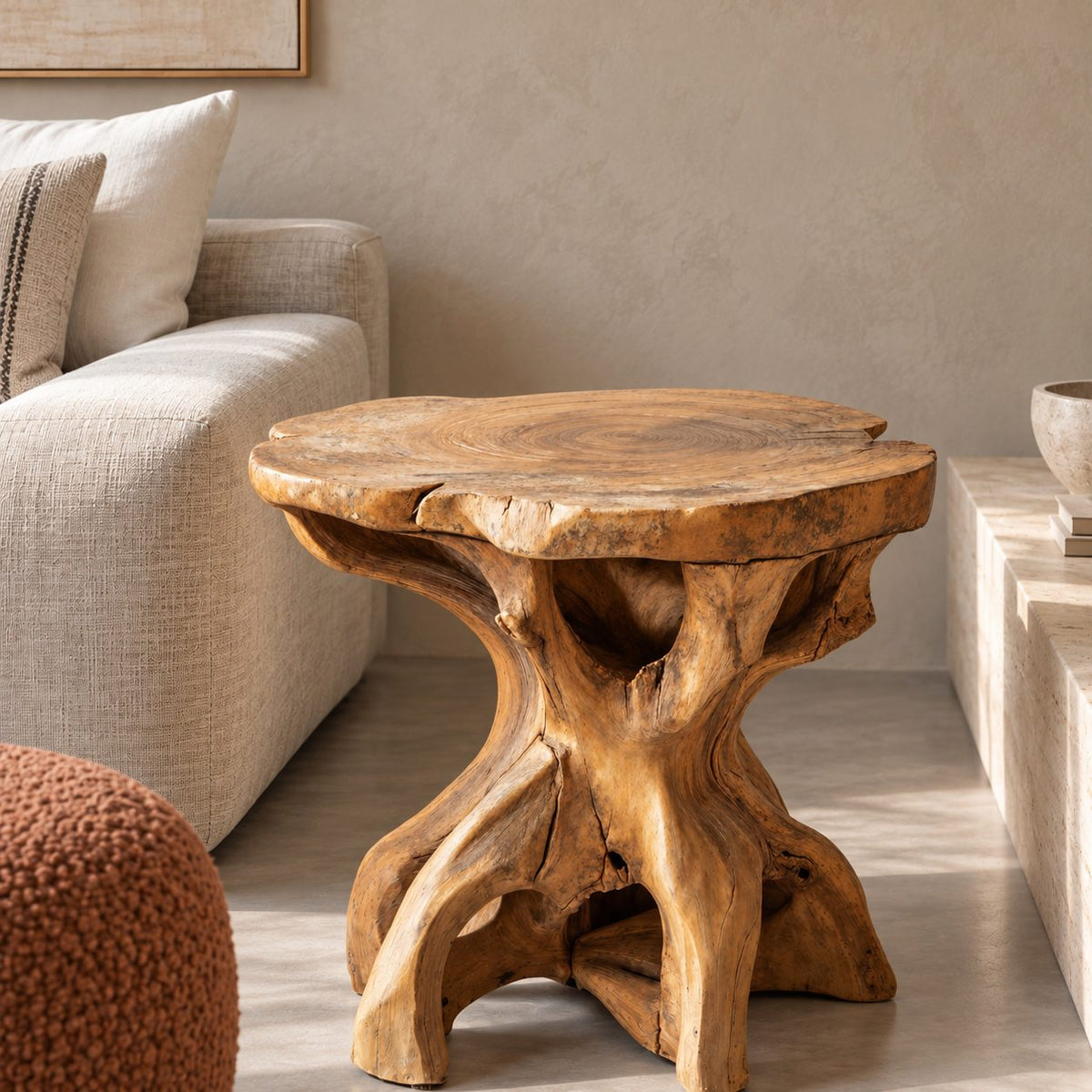 Driftwood Root End Table with Freeform Round Top, Natural Teak Root Style Solid Wood Side Table