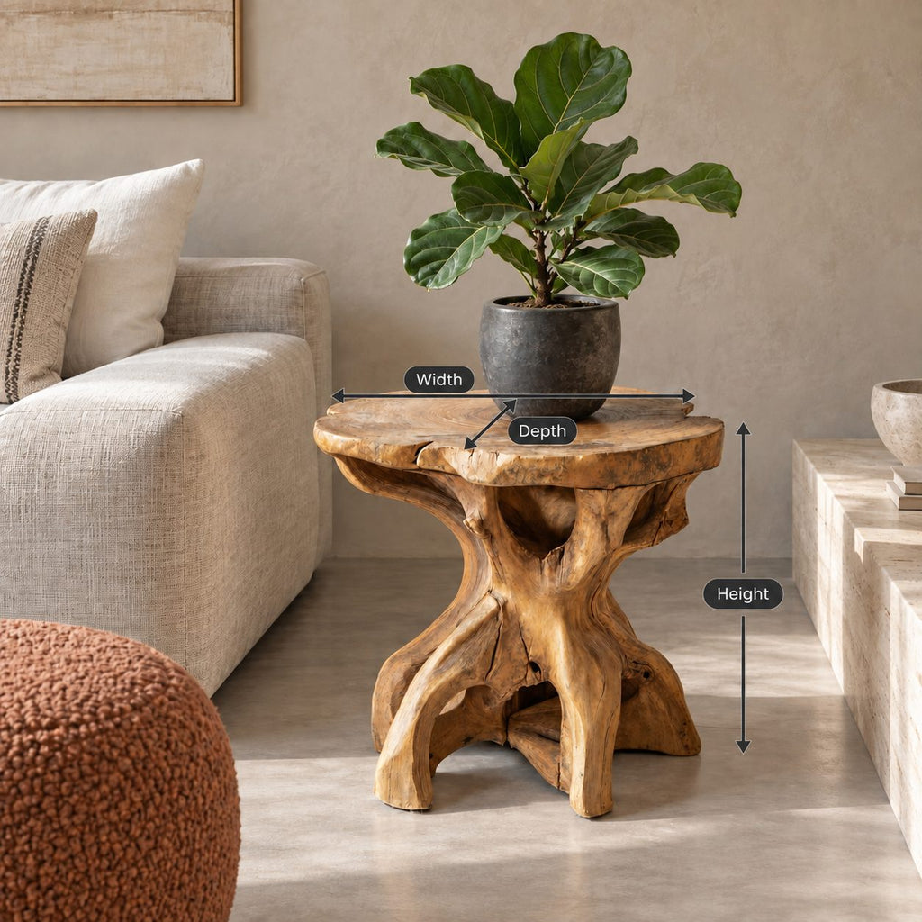 Driftwood Root End Table with Freeform Round Top, Natural Teak Root Style Solid Wood Side Table