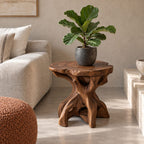 Driftwood Root End Table with Freeform Round Top, Natural Teak Root Style Solid Wood Side Table