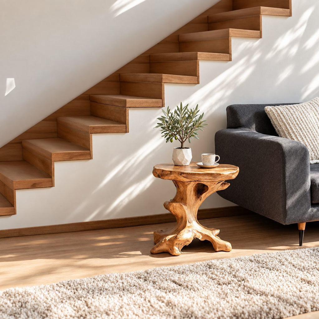 Natural Root End Table with Oval Live Edge Top, Rustic Solid Wood Side Table for Sofa or Stairway