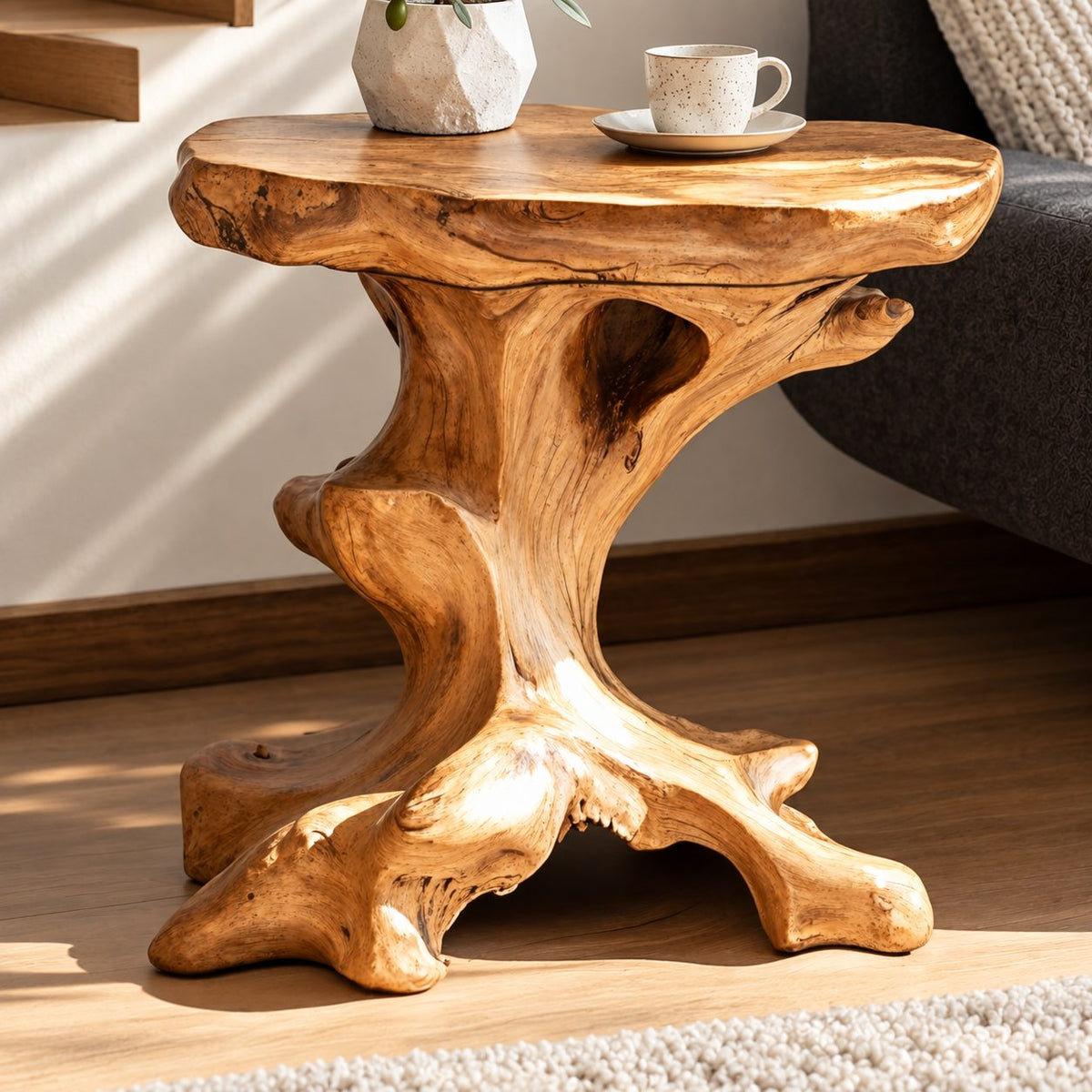 Natural Root End Table with Oval Live Edge Top, Rustic Solid Wood Side Table for Sofa or Stairway