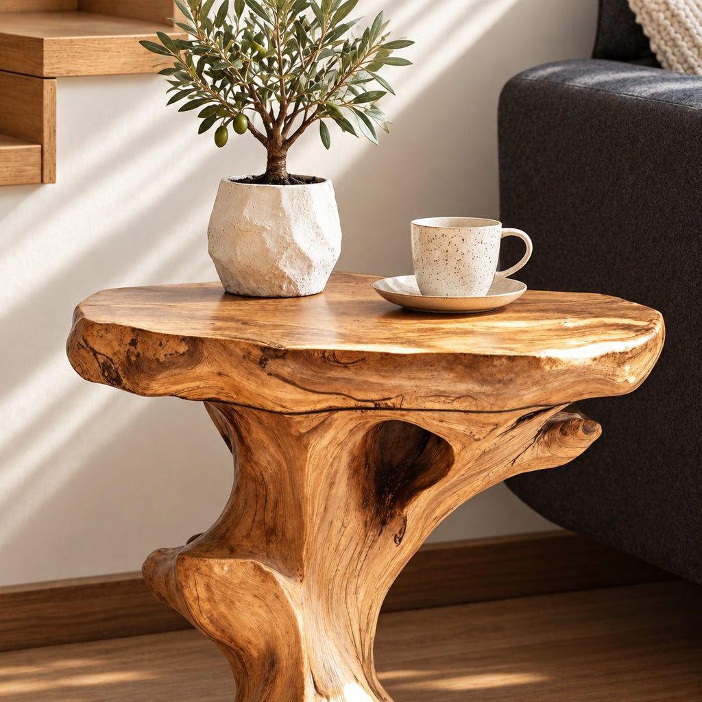 Natural Root End Table with Oval Live Edge Top, Rustic Solid Wood Side Table for Sofa or Stairway