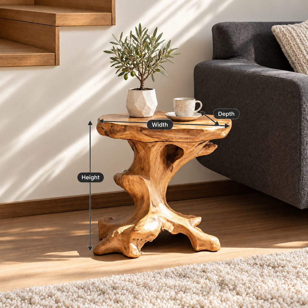 Natural Root End Table with Oval Live Edge Top, Rustic Solid Wood Side Table for Sofa or Stairway