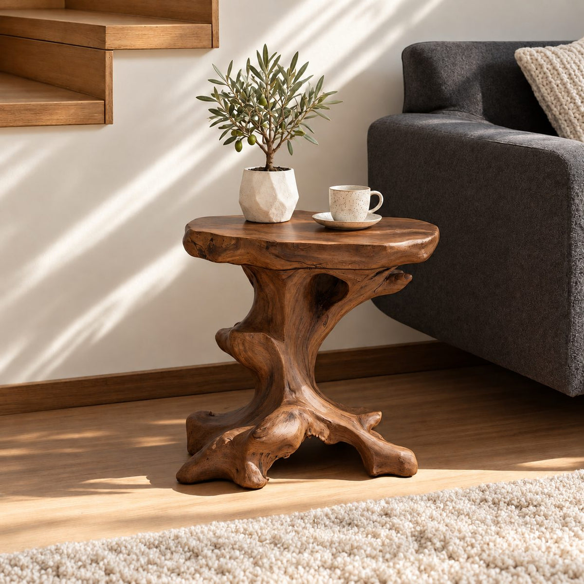 Natural Root End Table with Oval Live Edge Top, Rustic Solid Wood Side Table for Sofa or Stairway