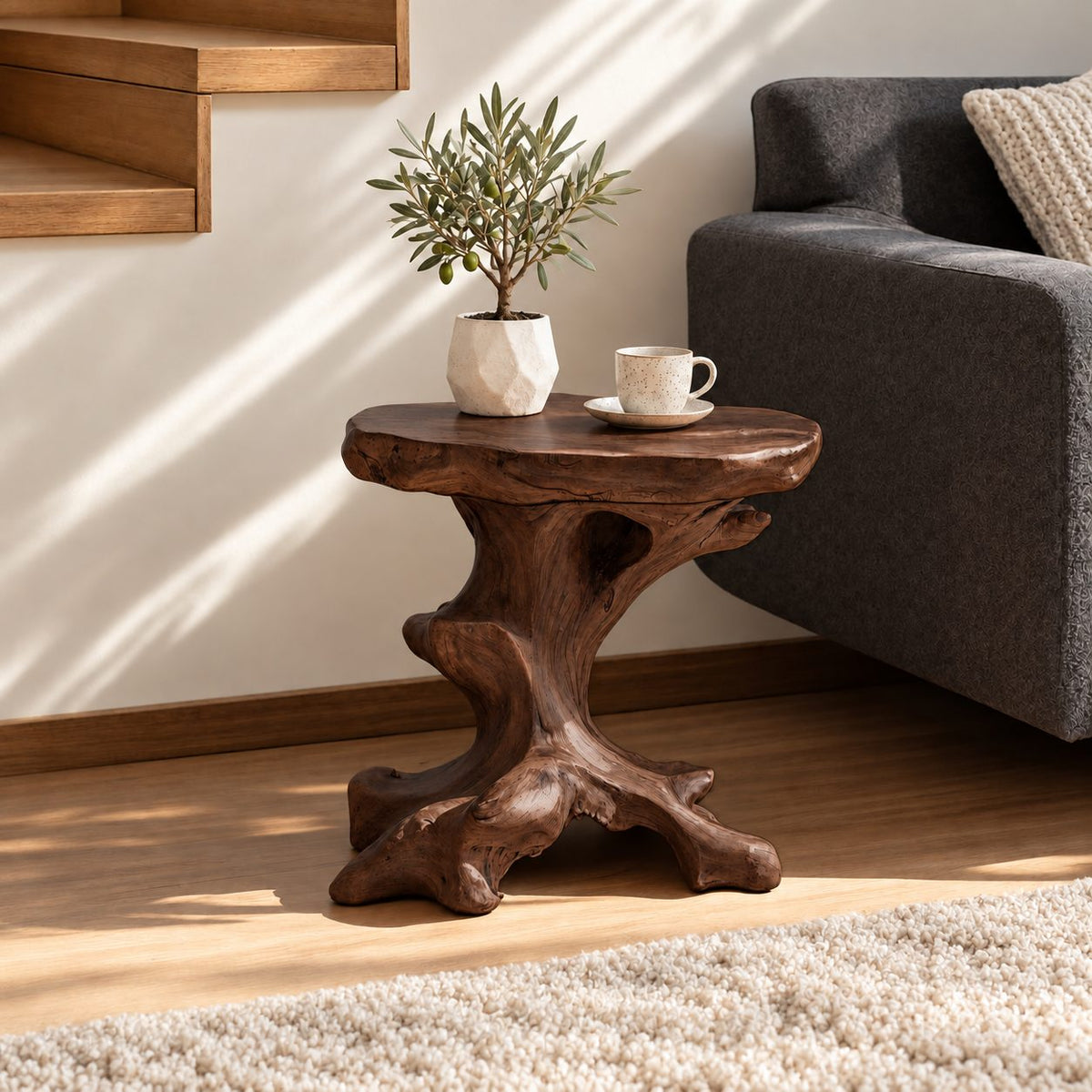 Natural Root End Table with Oval Live Edge Top, Rustic Solid Wood Side Table for Sofa or Stairway