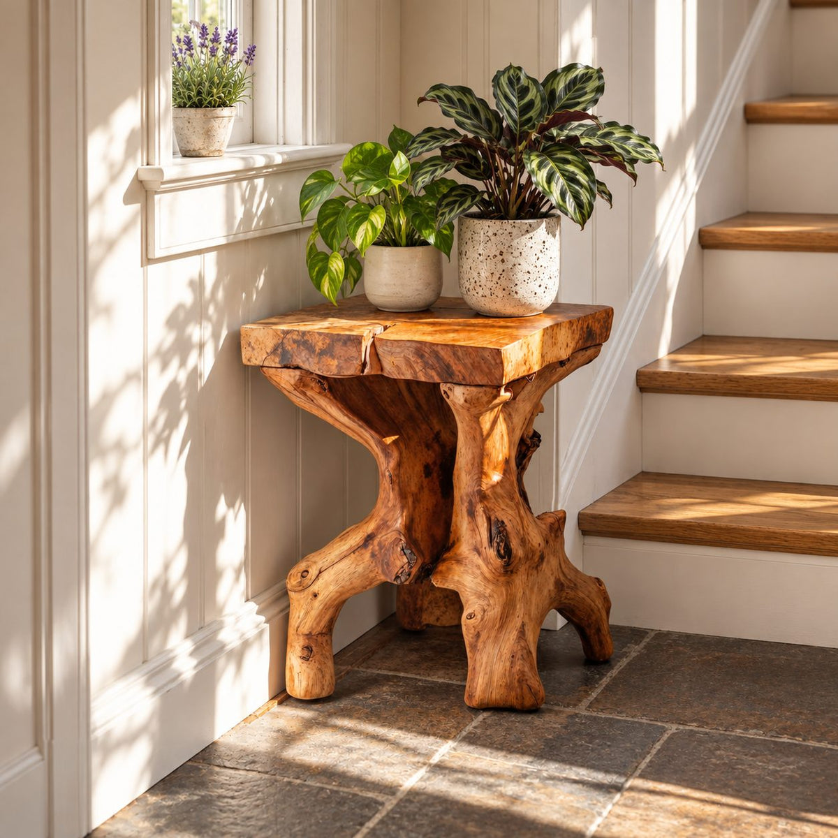 Live Edge Slab End Table on Root Base, Rustic Solid Wood Side Table for Entryway or Stairway