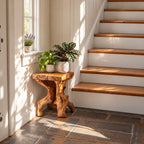Live Edge Slab End Table on Root Base, Rustic Solid Wood Side Table for Entryway or Stairway