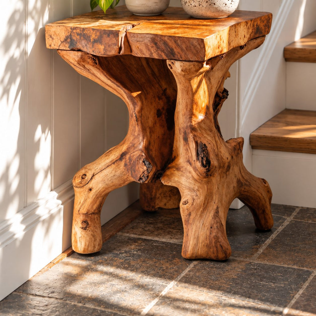 Live Edge Slab End Table on Root Base, Rustic Solid Wood Side Table for Entryway or Stairway