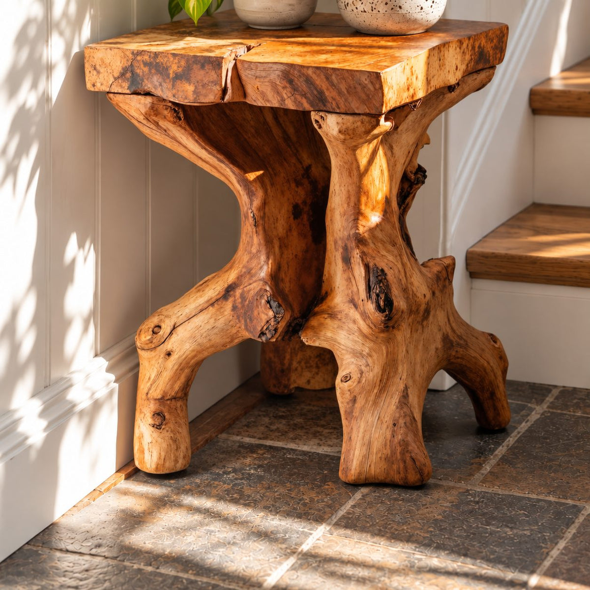 Live Edge Slab End Table on Root Base, Rustic Solid Wood Side Table for Entryway or Stairway