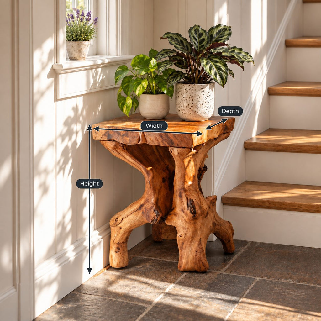 Live Edge Slab End Table on Root Base, Rustic Solid Wood Side Table for Entryway or Stairway